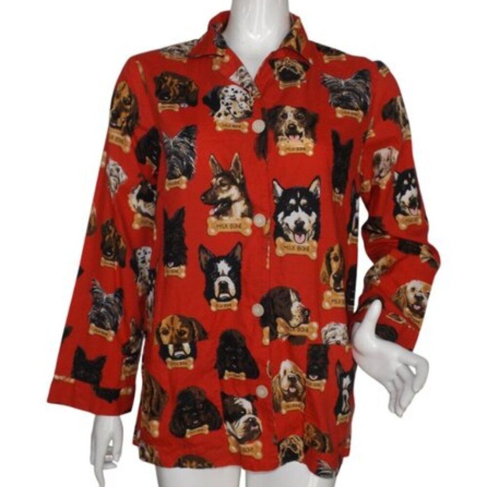 NICK & NORA Pajama Top, S, Dogs, Milk Bone, Long sleeves, Vintage, Pockets, Red